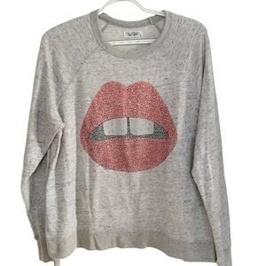 Lauren Moshi Grey Crystal Gap Tooth Mouth Long Sleeve Tee Large